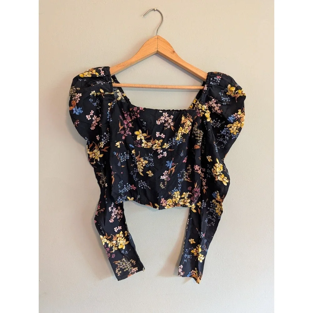 Abercrombie Fitch Black Floral Puff Sleeve Smocked Square Neck Top XS Whimsigoth